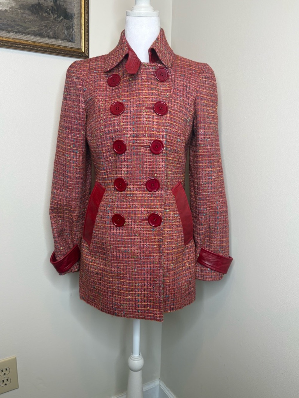 bebe Red Tweed Double-Breasted Pea Coat